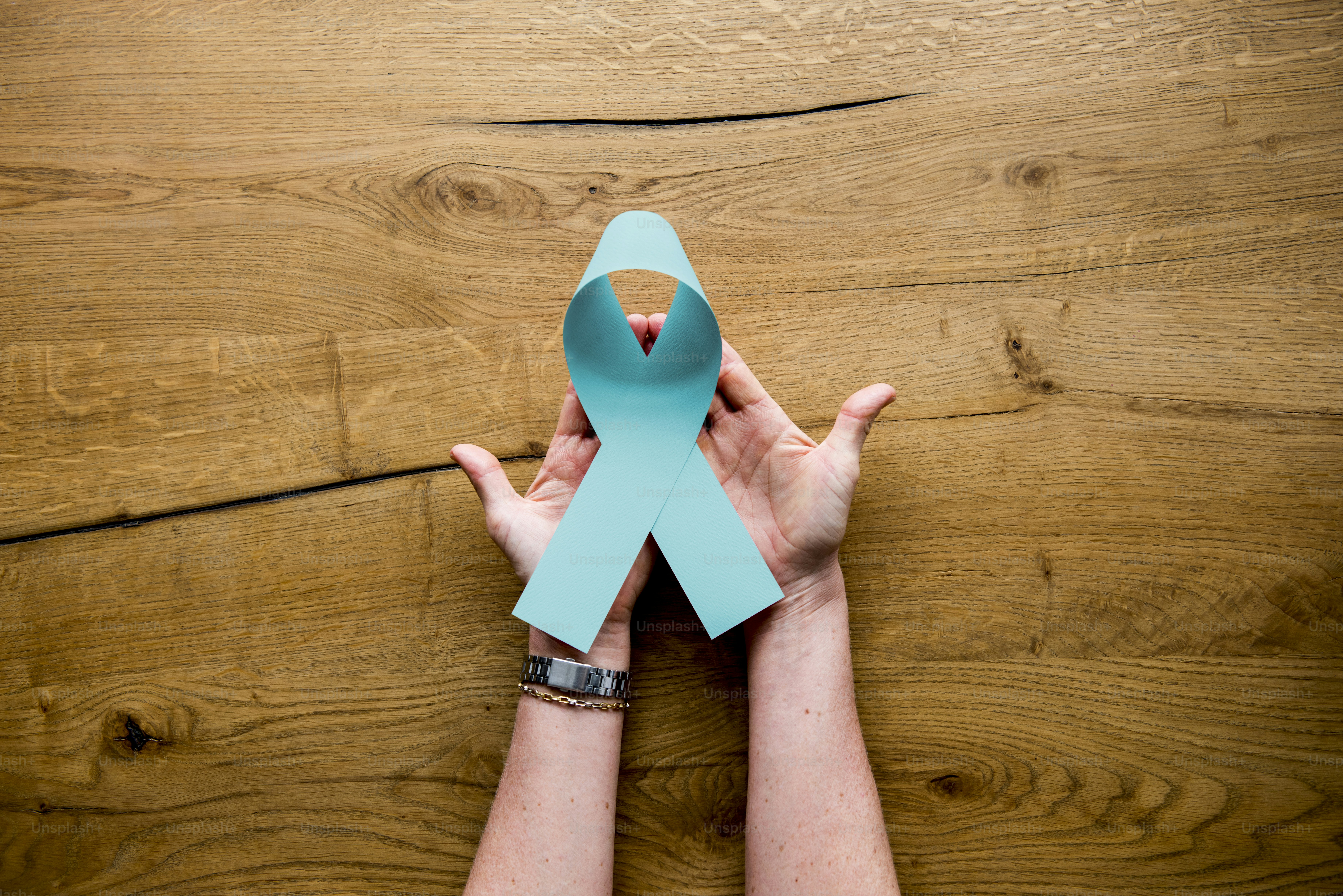 Hands Hold Show Light Blue Ribbon Prostate Cancer Awareness